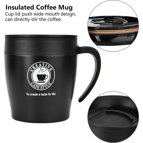 Mug isotherme en acier inoxydable avec poignée, couvercle et cuillère pour mélanger idéal pour le bureau et les voyages. (1/5)