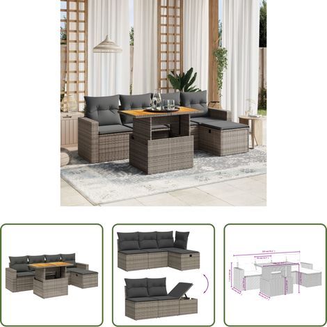 vidaXL Table extérieure - Salon de jardin 6 pcs avec coussins gris résine tressée (1/5)