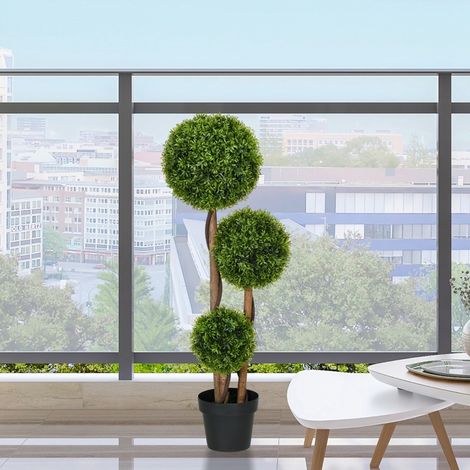 Grand buis artificiel 110 cm résistant aux UV avec 3 boules – plante décorative pour salon, chambre, bureau et jardin (1/4)