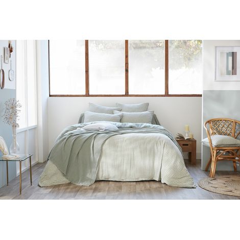 Housse de couette réversible "Vickie" Tissé-teint toutes dimensions "Gaze de Coton" l'Effet Papillon - Vickie Eucalyptus - Housse de couette 240 x 220 cm