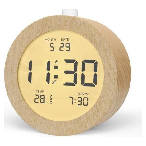 Réveil Numérique en Bois, Réveil Matin LCD Horloge Numérique avec Affichage Date, Température, Snooze, Rétro-éclairage, Horloge Digitale Alimenté par Pile【3 Piles AAA Nécessaires】 (1/5)