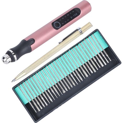 Stylo graveur miniature rechargeable à vitesse réglable pour métaux, verre, bijoux en céramique, polissoir à ongles, gabarits de motifs, lettrage, or rose. (1/5)