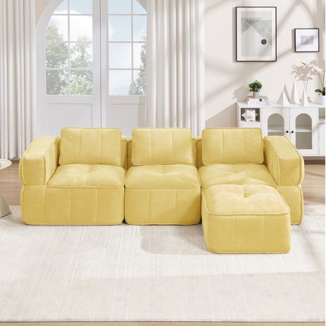 Divano angolare modulare 3 posti con 1 pouf, poliestere giallo HAVRYA (1/5)