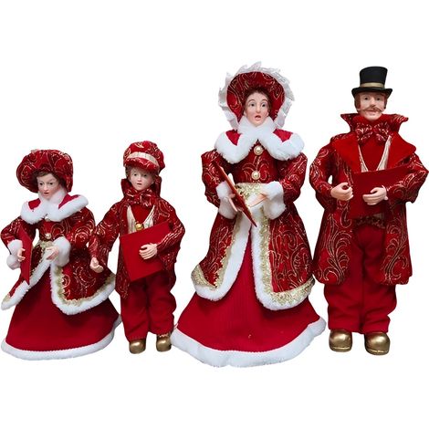 Set 4 Cantori Natalizi Vestiti in Rosso Lucido Damascato Decorazione Natalizia  Famiglia  Cantori coro di natale eleganti e particolari grandi da 30 a 45
