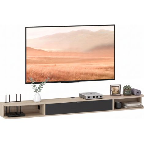 Meuble TV suspendu - HOMCOM - 180cm - pour jusqu'à 75 pouces - tiroir rabattable 2 étagères ouvertes passe-câbles - bois naturel (1/5)