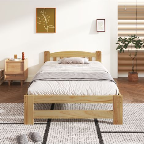 Lit simple 205/96/55 cm naturel en bois de pin massif avec tête de lit à barreaux (1/5)