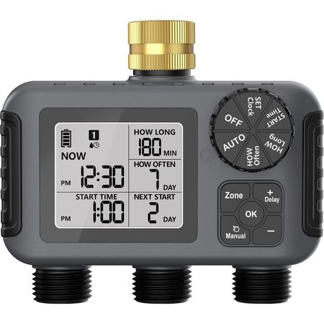 Ordinateur d'arrosage avec 3 sorties contrôlées indépendamment, minuterie d'arrosage avec retard de pluie/mode automatique et manuel, grand écran LCD, minuterie d'eau pour jardin, pelouse (1/5)