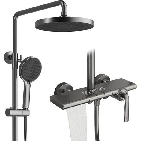 Colonne de Douche, RSS0700 Moderne Touches de Piano Ensemble de Douche, 10"/252mm Système de Douche, 4 Jets Pommeau de Douchette avec Pistolet, Cascade Robinet de Baignoire, 59A Tout en Cuivre (1/5)
