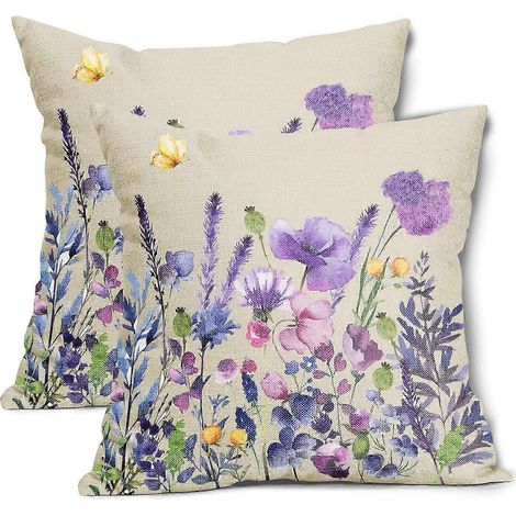 Ensemble de 2 housses de coussin décoratives printanières à motif floral (50 x 50 cm) en coton et lin, avec fleurs de lavande et papillons. Idéales pour l'extérieur. (1/5)