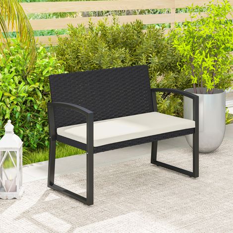 Panca in rattan sintetico per 2 persone, 103x58x78 cm, con cuscino, schienale inclinato e struttura in acciaio zincato.