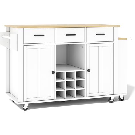 Îlot de cuisine mobile avec plan de travail coulissant, MDF, 136(223)x50x93 cm, blanc et chêne (1/5)
