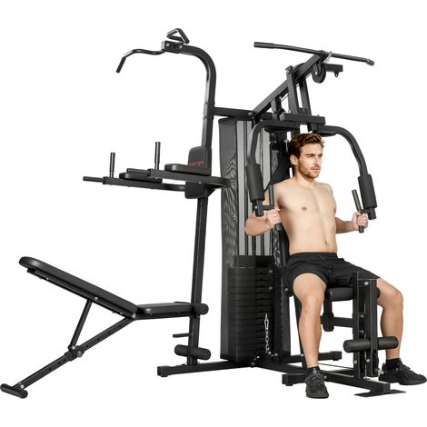 Multifunktions-Trainingsstation, Heimfitness-Maschine für über 10 Übungen, Gewichte, anpassbare Fitnessbank, Schwarz (1/5)