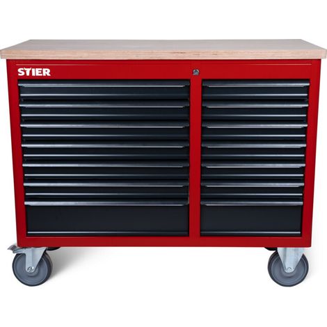 Établi mobile STIER XXL, double avec 14 tiroirs, vide, gris