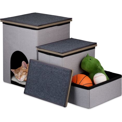 Relaxdays Hundetreppe 3 Stufen, mit Höhle & Stauraum, Hunde & Katzen, HBT: 41,5 x 72 x 33 cm, faltbare Tiertreppe, grau