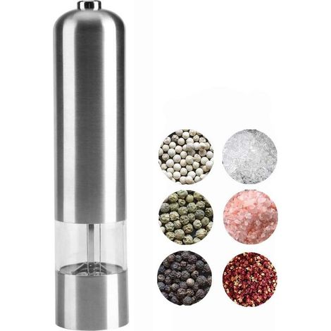 Moulin à Poivre Électriques, Moulin à Sel en Acier Inoxydable, Broyeur à Épices Automatique, Moulins Electrique Inox Brossé Réglable Rugosités avec LED(Piles Non Comprises) (1/4)