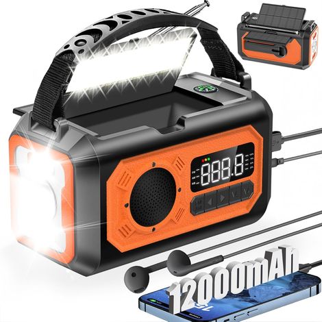 Radio météo d'urgence, radio AM/FM/NOAA, avec 2 panneaux solaires, 3 modes de charge, alarme SOS, lampe torche à 3 modes, orange.