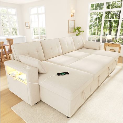 Canapé d’angle U convertible 273x131x83 cm en tissu chenille beige, rangement pour salon – MEUBLIV (1/5)