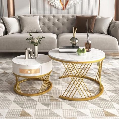Table basse ronde, 2 en 1, MDF, plateau en marbre, tiroirs en rotin plastique, pieds en métal doré, Blanc