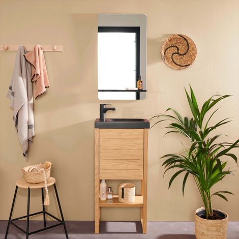 Mob-In – Ensemble meuble lave-mains vasque noire ATOLL – Miroir avec tablette de rangement – Vasque réversible en résine synthétique – MDF certifié FSC (1/5)