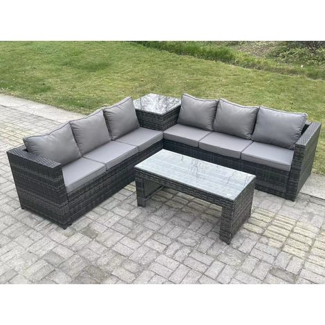 Fimous 6 Seater Rattan Corner Sofa Set With Square Side Table And Oblong Rectangular Coffee Tea Table Dark Grey Mixed (1/3)