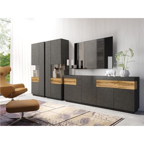 Meublorama – Ensemble de meubles de salon vitrine et buffet KILES – Vitrine 2 portes avec LED – Buffet 3 portes et 2 tiroirs – Coloris gris anthracite et chêne