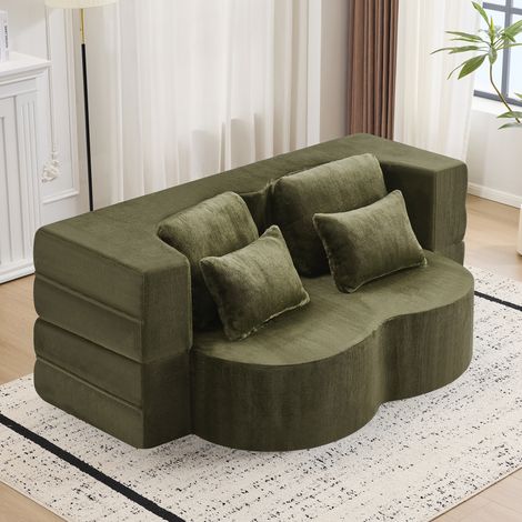 Canapé de sol convertible vert en mousse et ressorts avec 4 coussins, pliable sans montage (1/5)