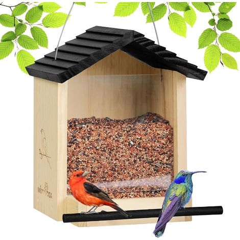 Wooden Bird House Hanging Outdoor Weatherproof Bird Feeder with Black Roof Bird Feeder Large Capacity Bird Feeder for Garden (1/5)