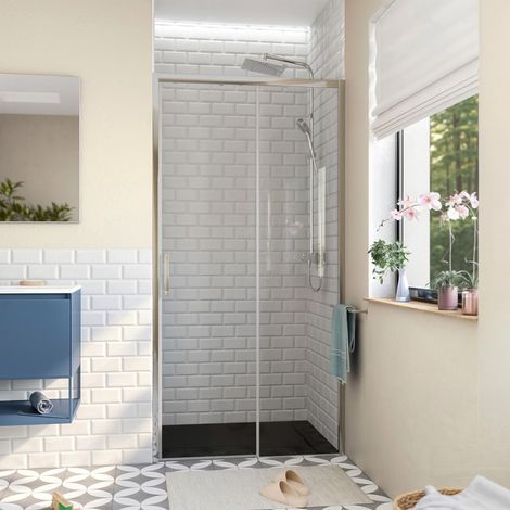 Swiss Aqua Technologies – Porte de douche coulissante 110x195cm TEXDBB110CRTSET – Verre Crystal Glass 6mm anticalcaire – Profilés chrome brillant – Installation rapide