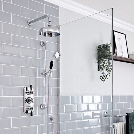 Hudson Reed Elizabeth - Kit de douche rétro - Mitigeur thermostatique à double fonctions&44 Pommeau pluie rond mural de 20 cm et Kit douchette sur rampe - Chromé et noir (1/5)