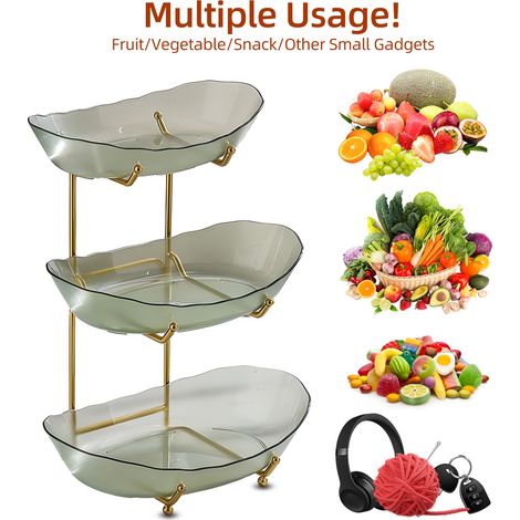 Obstschale für die Küchentheke, 3-stöckiger Acrylkorb mit Servierschalen und Metallständer, mehrstöckige Aufbewahrung für Gemüse, Snacks/Nüsse, Kuchen, Desserts, perfekt für ein Buffet bei einer Hochz (1/5)