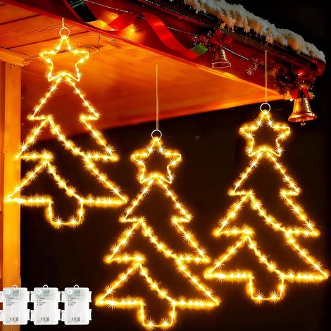 Lumineuse de Noël de Fenêtre, 3 Pièces 45 LED Decoration Noël Exterieur à Pile, Imperméable Etoile Lumineuse Noel Sapin avec Minuterie pour Intérieur et Extérieur - Blanc Chaud (1/5)