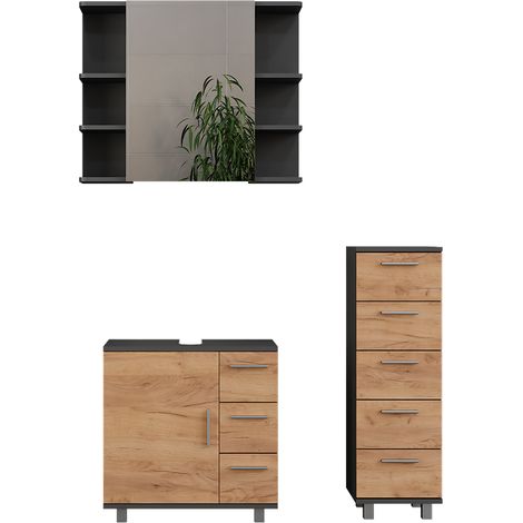 Set di mobili da bagno Ilias, Antracite/quercia dorata, 3 parti, con mobile midi, Vicco