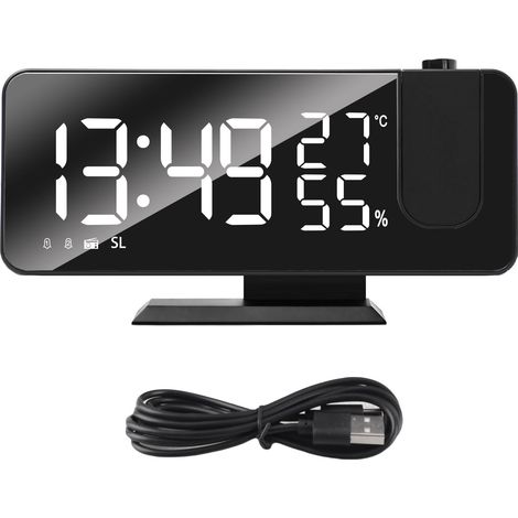 Réveil Projection Écran LED Grand Format Radio FM Double Alarme Lumineux pour Seniors Enfants Miroir Température Humidité (1/4)