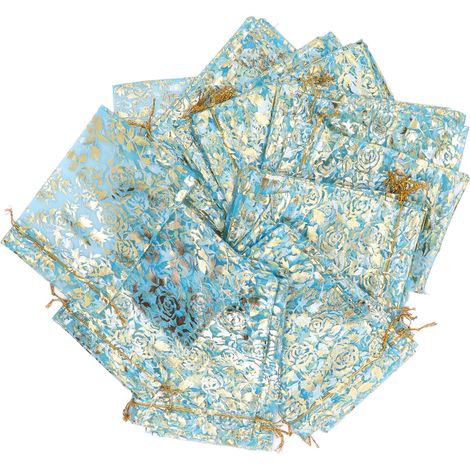 200 Pcs Organza Bag Drawstring Closure Rose Print 6.3x4.3in Mesh Gifts Bags Organza Jewelry Mesh Pouch Blue (1/5)