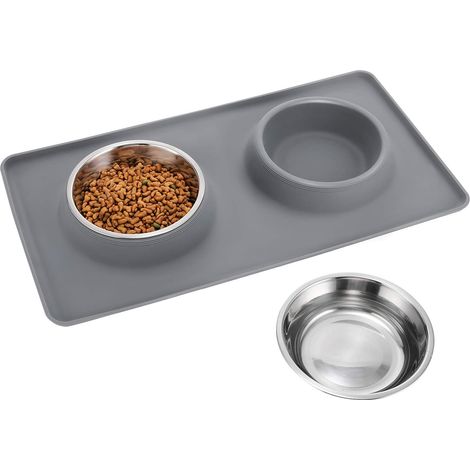 48x30cm Tapis de gamelle en Silicone pour Chien et Chat - Double gamelle en Acier Inoxydable avec Plateau en Silicone antidérapant - Tapis de Voyage pour Animaux de Compagnie (1/5)
