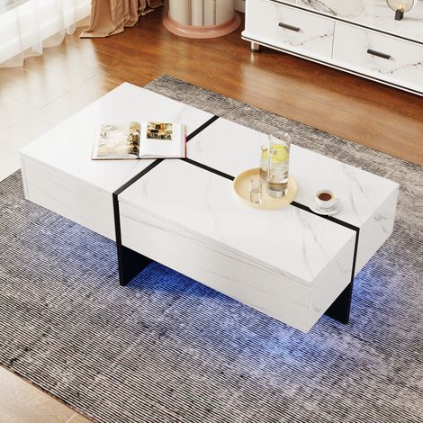 Couchtisch aus Spanplatte in Weiß Hochglanz mit Marmoroptik, 100 cm, mit App-gesteuerter LED und 3 Schubladen