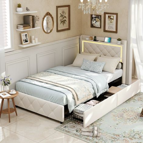 Lit double 90x200 cm, lit avec tiroirs, éclairage LED, fonction de charge USB + Type C, velours, sommier à lattes, lit adulte rembourré - Beige