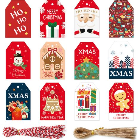 Étiquettes cadeaux Noël Kraft 96 pièces + cordes Chanvre Rouge/Blanc & Naturel (1/2)