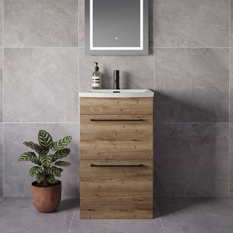 Napoli 390 Tobacco Oak 500mm 2 Drawer Vanity Unit with Arc Basin - 500mm - Matt Black 320mm Handle