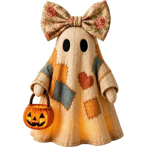 Décoration fantôme vintage lumineuse d'Halloween en patchwork avec lumière citrouille LED, lampe fantôme d'automne mignonne pour décoration de fête intérieure et extérieure (1/5)