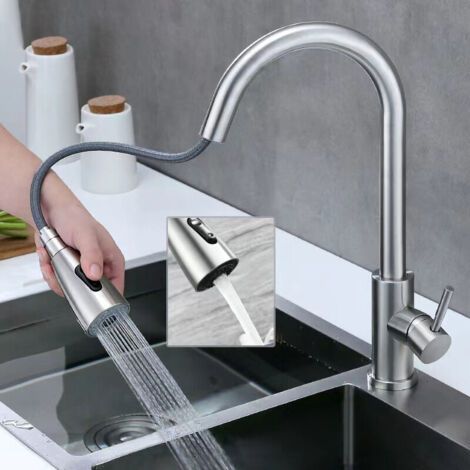 Robinet de Cuisine - Mitigeur Cuisine Rotatif à 360°avec Douchette Extensible, 3 Modes de Pulvérisation Robinet d'Évier en Acier Inoxydable (Nickel Brossé) (1/5)
