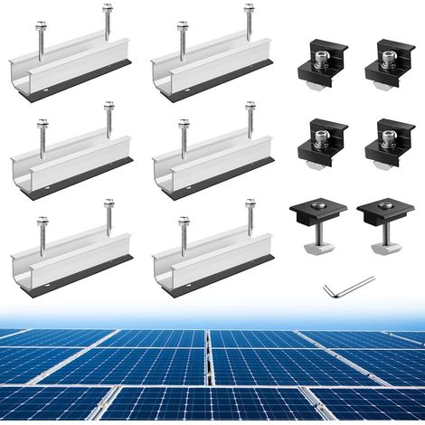 Kit de 6 Rails 120mm pour Fixation Panneaux Solaires 30/35mm  Avec 4 Clips Extrémité, 2 Clips Centraux Support Panneau Solaire, Alliage aluminium résistant, adapté toit/trailer/bateau (1/5)