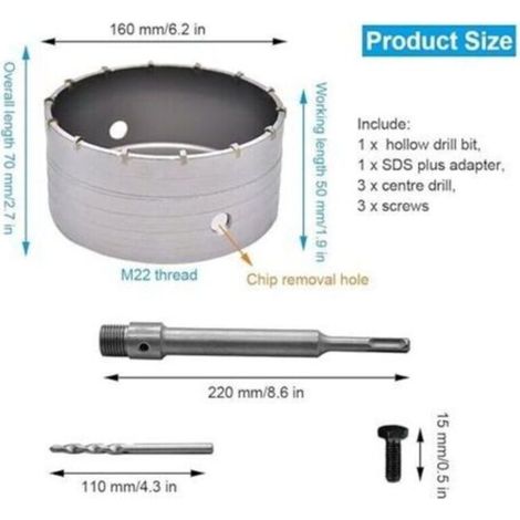 160mm Scie à Cloche Bi-Metal pour CarrelBeton, Scies Cloches Carotteuse Trépan Beton, avec Adaptateur SDS Plus 220 mm et 3 Foret de Centr110 mm (160MM), (1/5)
