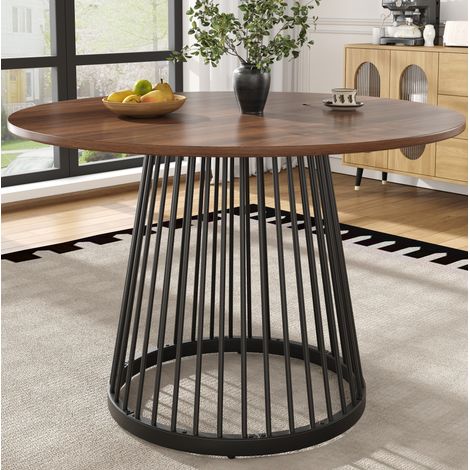 Table à manger ronde MDF noyer et métal noir 80x80x76 cm pour 4 personnes (1/5)