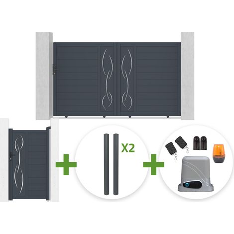 Portail coulissant 3m LIFE H.180cm gris + Portillon 1m LIFE H.180cm gris + 4 poteaux ELDA + motorisation Tanker C600 (1/5)