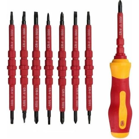 Lot de 7 tournevis d'électricien isolé 500 V avec tournevis testeur, tournevis isolé avec poignée, tournevis isolant magnétique interchangeable, kit d'outils de réparation (1/4)
