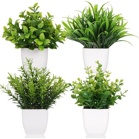 Lot de 4 petits pots de fleurs artificiels en plastique - Eucalyptus - Herbe de blé, arbuste, plante d'intérieur, bureau, table basse, salle de bain, chambre à coucher, décoration d'intérieur (1/5)
