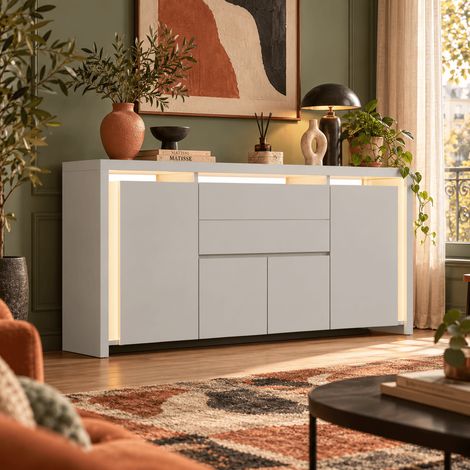 Buffet de rangement 160 x 35 x 75 cm, Meuble tv à 4 portes et 3 tirtors, Console TV avec Réglable LED, Armoire bas tv, Table Télé, Blanc, pour Salon, Chambre