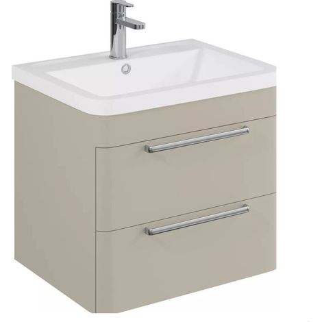 Balterley Calwich Contemporary Bathroom Wall Hung Vanity Unit with 2 Soft Close Drawers & 1 Tap Hole Polymarble Basin, Pebble Grey, 600mm
