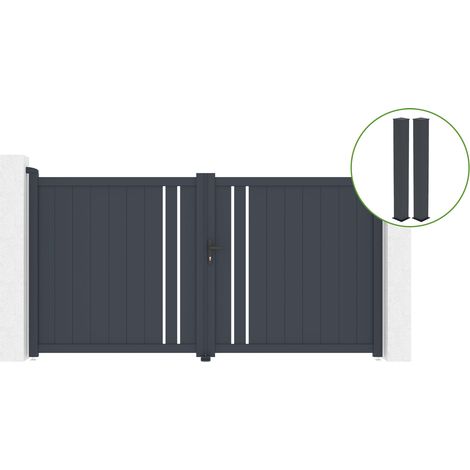 Portail battant 3m GIONA H.160cm alu gris + 2 poteaux 20x20cm H.190cm (1/5)